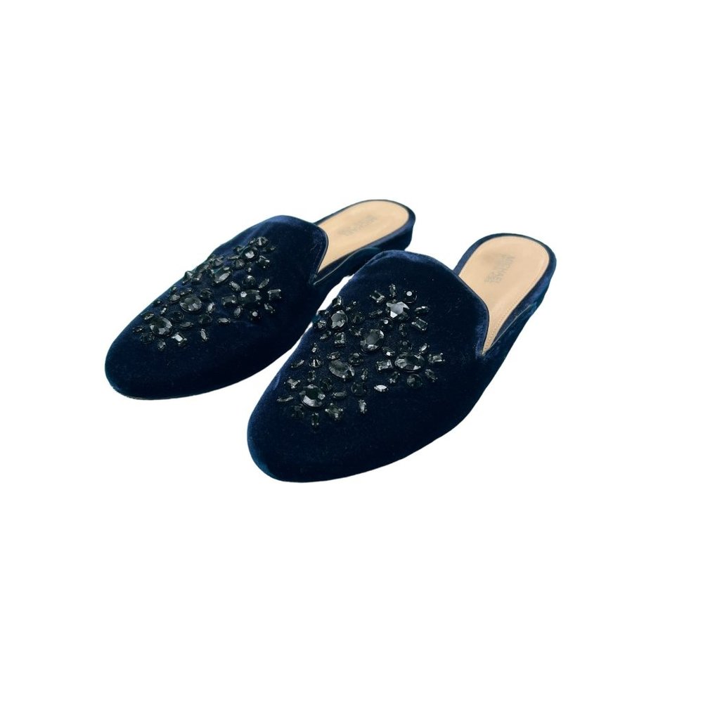Michael Michael Kors Edie Admiral blue velvet slides shoes black rhinestones 7.5